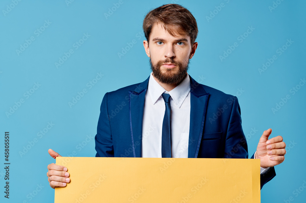 businessmen yellow mockup poster in hand isolated background businessmen yellow mockup poster in hand isolated background