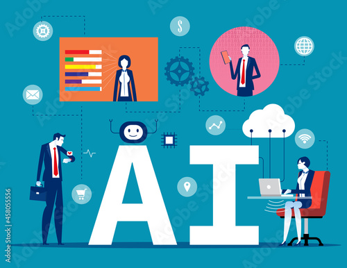User and scientists exchange information around AI. Artificial intelligence concept