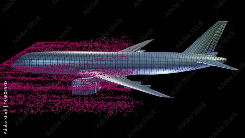 Air flow around airplane body. Horizontal wind particle flow . Profile side view. Top to bottom camera  movement . 3d animation simulation