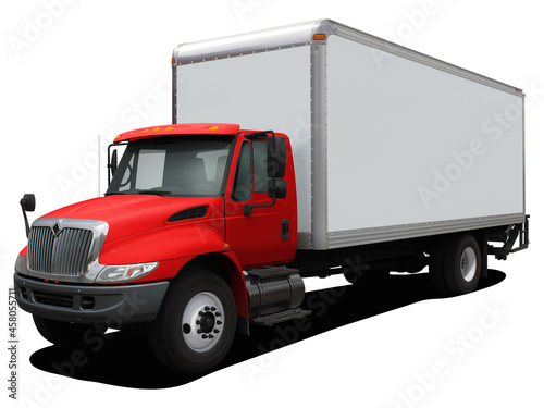 Modern delivery truck with a red cab. Front side view isolated on white background.