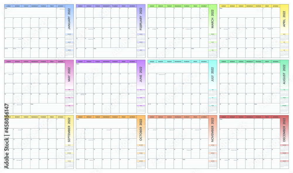 2022 Calendar Planner with notes (USA dates) in color