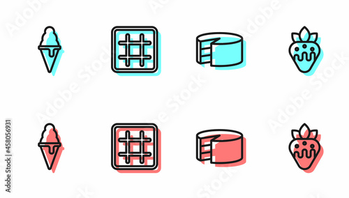 Set line Cake, Ice cream in waffle cone, Waffle and Strawberry chocolate icon. Vector