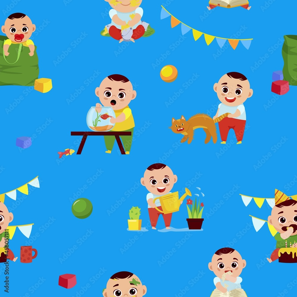 Naughty baby boy seamless pattern, cartoon character vector illustration for wrapping, fabric or wallpaper design Naughty baby boy seamless pattern, cartoon character vector illustration for wrapping, fabric or wallpaper design