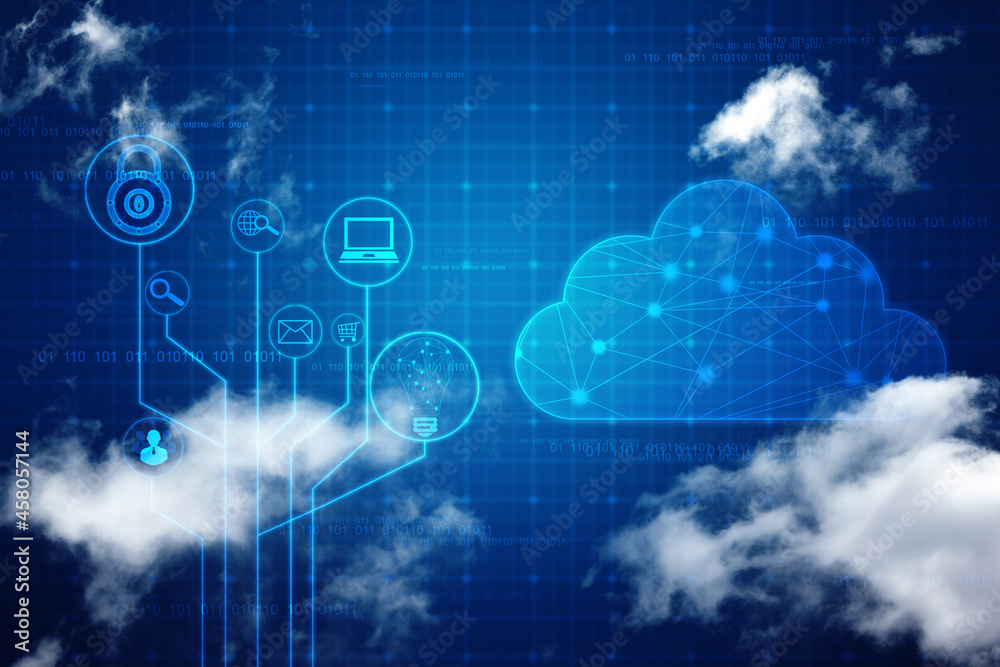 2d illustration of Cloud computing, Digital Cloud computing Concept background. Cyber technology, internet data storage, database and data server concept 2d illustration of Cloud computing, Digital Cloud computing Concept background. Cyber technology, internet data storage, database and data server concept