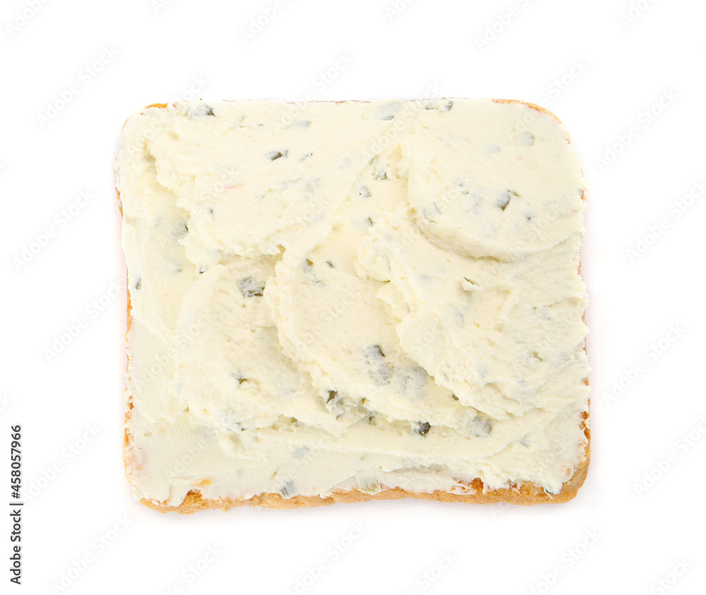 Delicious sandwich with cream cheese isolated on white, top view