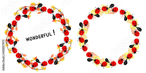 vector round frame wreaths of leaves autumn ladybug says wonderful