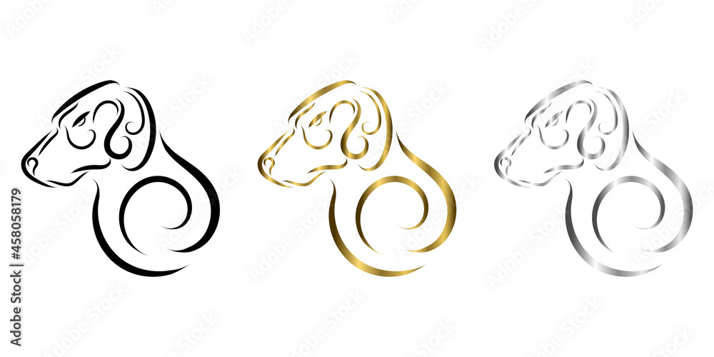 three color black gold and silver line art of dog head. Good use for symbol, mascot, icon, avatar, tattoo, T Shirt design, logo or any design.