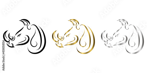 three color black gold and silver line art of rhino head. Good use for symbol, mascot, icon, avatar, tattoo, T Shirt design, logo or any design.