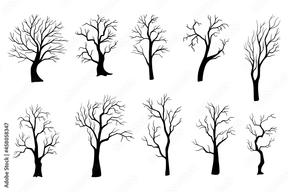 Spooky tree silhouette vector isolated on white. Set of Halloween trees.