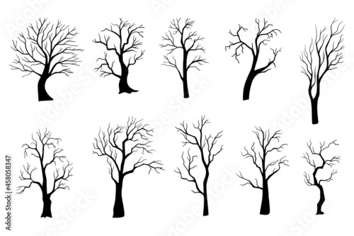 Spooky tree silhouette vector isolated on white. Set of Halloween trees.