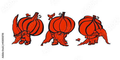 The gnome carries a pumpkin...