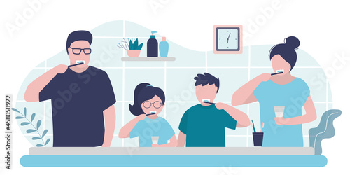 Family doing morning routine together. Parents and children brush teeth in bathroom. Oral hygiene and prevention of dental diseases