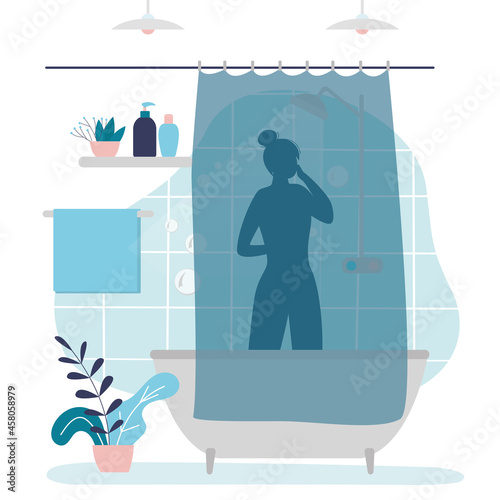 Silhouette naked woman behind shower curtain. Female character washing with soap or gel in bath