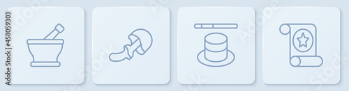 Set line Mortar and pestle, Magic hat wand, Psilocybin mushroom and scroll. White square button. Vector