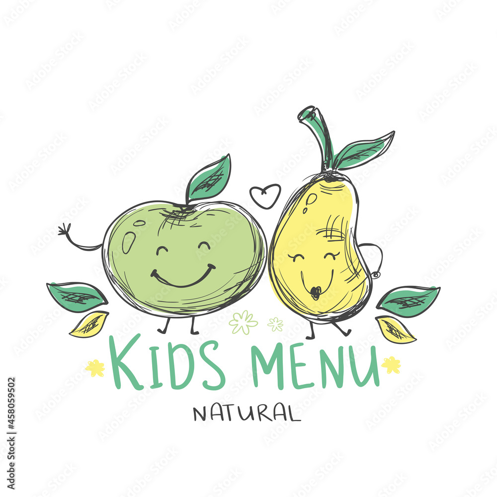 Pear and apple with funny faces. Drawn fruits hugging. Logo for children's  menu. Colorful kids menu template for cafe Stock Vector | Adobe Stock