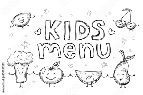 Template for children menu. Hand drawn different cartoon fruits, vegetables. Line art. Doodle of various happy food