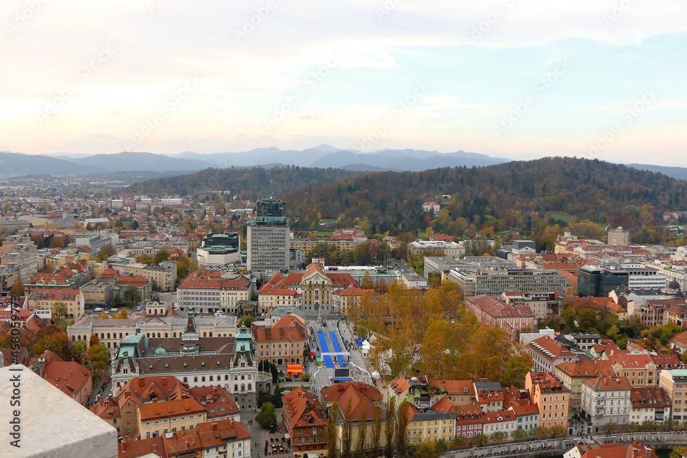 Aerial view of central Ljubljana, Slovenia during autumn.