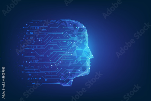 artificial intelligence technology circuit Human head lowpoly. Big data learning wireframe. vector illustration in fantastic technology. Robot digital brain concept.