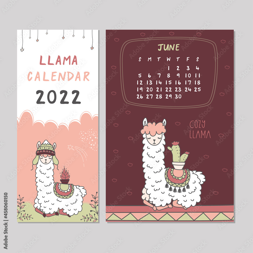 Calendar 2022, Sunday first. June month. Schedule template with cute llama. New 2022 year calendar with alpaca cartoon character. Funny animal in scandinavian style. Stock Vector | Adobe Stock Calendar 2022, Sunday first. June month. Schedule template with cute llama. New 2022 year calendar with alpaca cartoon character. Funny animal in scandinavian style. Stock Vector | Adobe Stock