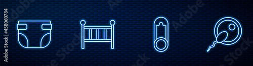 Set line Baby clothes pin, diaper, crib cradle bed and Sperm. Glowing neon icon on brick wall. Vector