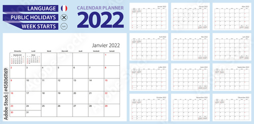 French calendar planner for 2022. French language, week starts from Sunday.