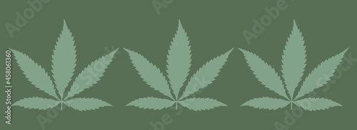 Flat simple banner design of three consecutive cannabis indica leaves in bule-green color against a green background, narrow hero or poster image of the iconic marijuana leaf with 5 serrated leaflets