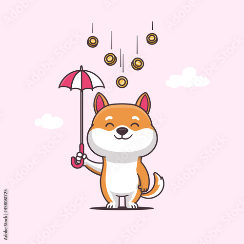 Cute kawaii shiba inu pu[[y character holding umbrela while it's raining coins vector cartoon illustration