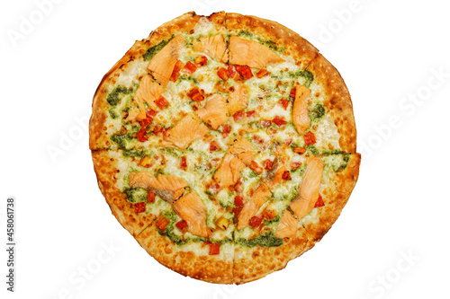 Pizza with salmon and tomatoes isolated on white