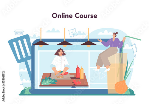 Fast food, burger house online service or platform. Chef cook tasty