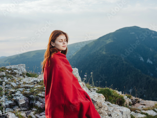 woman in red plaid in mountains landscape nature lifestyle © SHOTPRIME STUDIO
