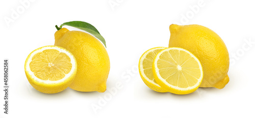 Close up, Ripe lemon fruit and slices with leaves isolated on white background, Fresh and Juicy Lemon.