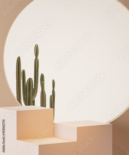 Minimal abstract cosmetic background for product presentation. Object isolate clipping path included on the beige background and catus, mock up scene with podium geometry shape. 3D render photo