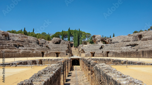 Views over the amphitheatre erected during the reign of the emperor Hadrian, part of the ancient city Italica, nowadays known as Santiponce, one of the first Roman settlements in Spain, near Seville