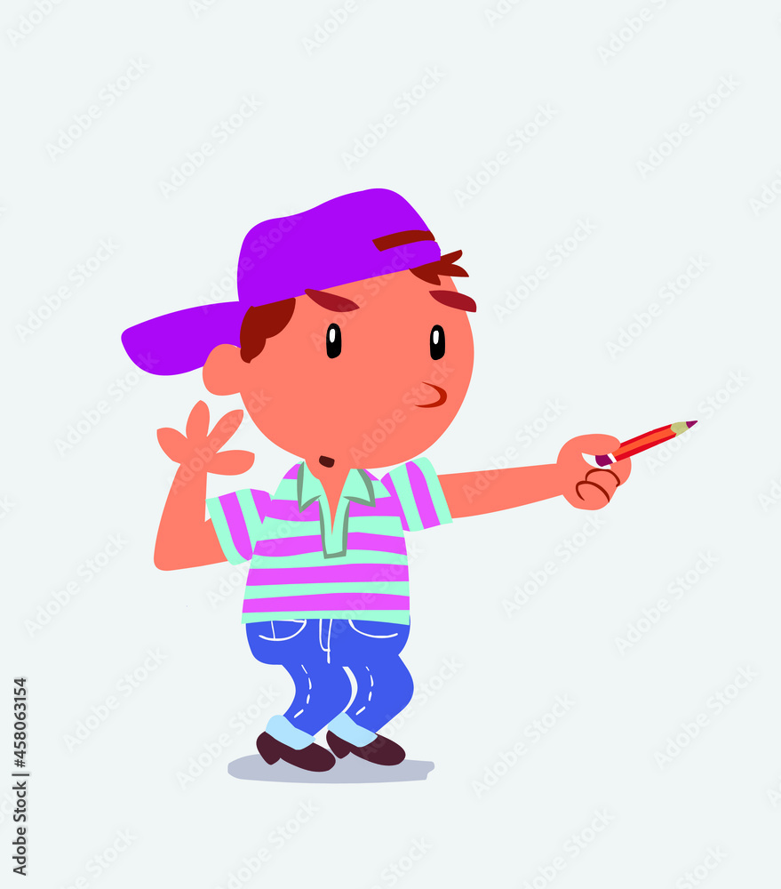 cartoon character of little boy on jeans doubts while pointing to the side with a pencil.