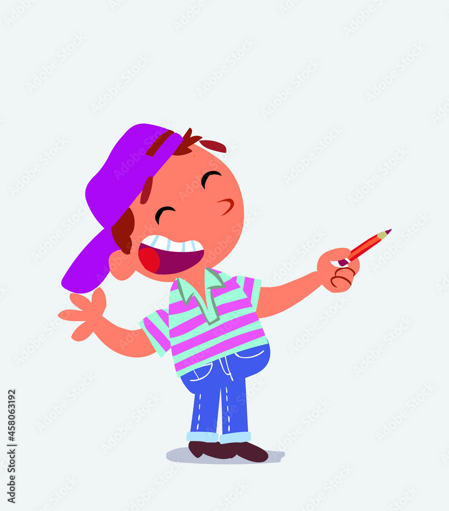 cartoon character of little boy on jeans is happy while pointing to the side with a pencil. cartoon character of little boy on jeans is happy while pointing to the side with a pencil.