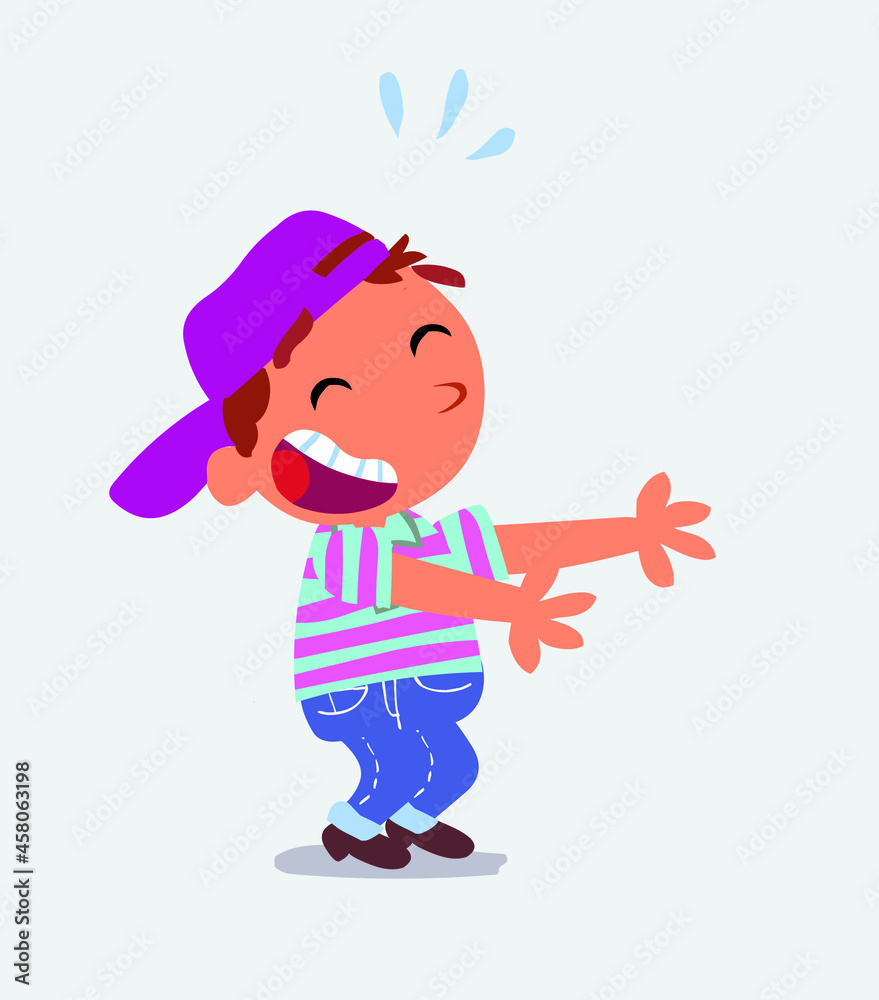 cartoon character of little boy on jeans laughing a lot while showing something. cartoon character of little boy on jeans laughing a lot while showing something.
