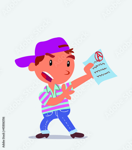 cartoon character of little boy on jeans arguing effusively with exam in hand.