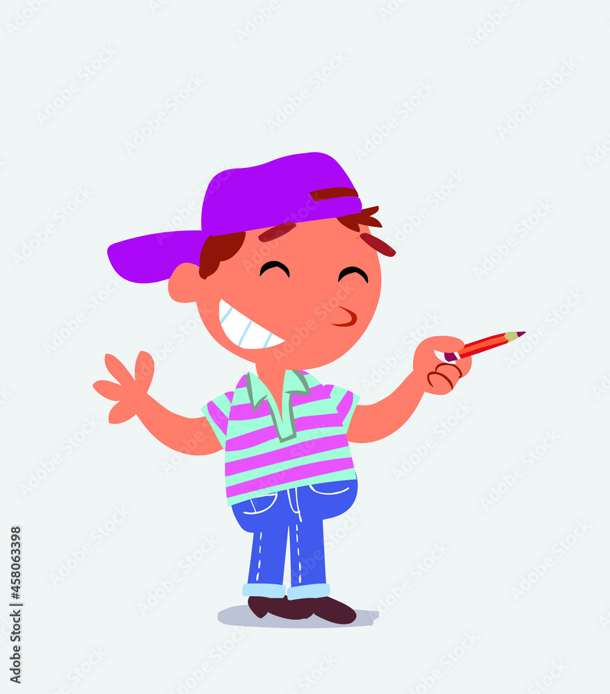 cartoon character of little boy on jeans says something funny while pointing to the side with a pencil. cartoon character of little boy on jeans says something funny while pointing to the side with a pencil.