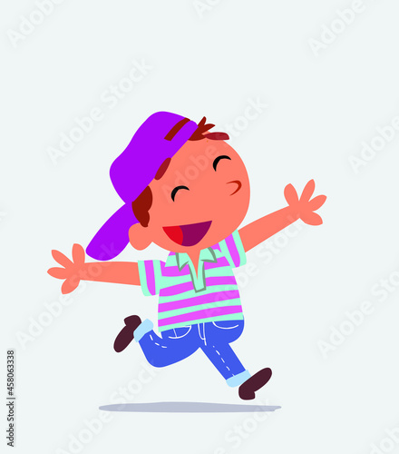 cartoon character of little boy on jeans running euphoric.