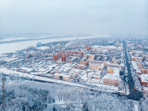 Winter cityscape Tomsk Siberia snow forest, Russia aerial top view