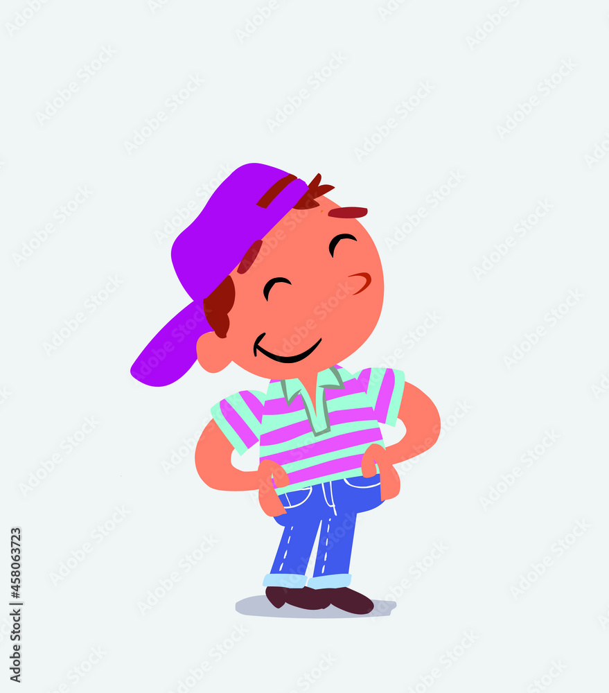 Satisfied cartoon character of little boy on jeans.