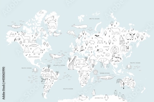 Animals world map for kids. Poster with cute vector animals in flat style. Cartoon doodle characters in scandinavian style for children - coloring page. Big coloring poster
