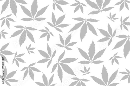 Light grey cannabis leaves in different sizes scattered unevenly on a white background, flat design illustration, concept or idea for medical marijuana dispensary or CBD oils also known as cannabidiol