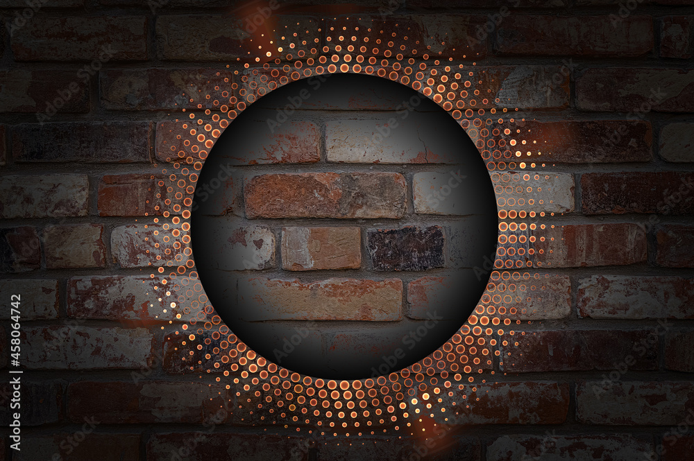 Retro brick wall with abstract hole with neon round lights