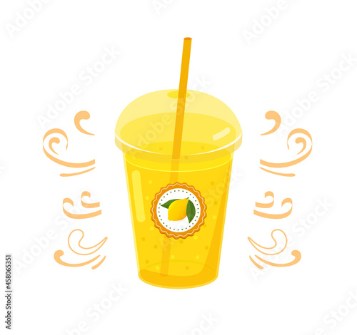 Lemon smoothie in a plastic cup with a label. Realistic plastic glass with yellow lemonade