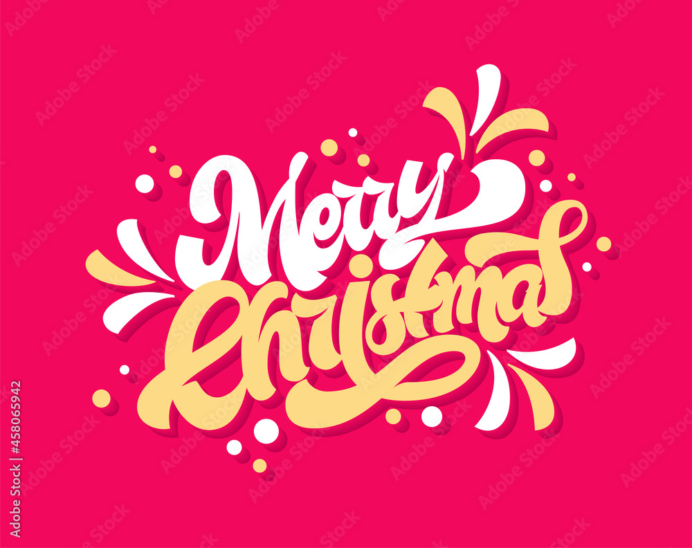 Merry Christmas greeting card. Vector hand lettering with splashes.