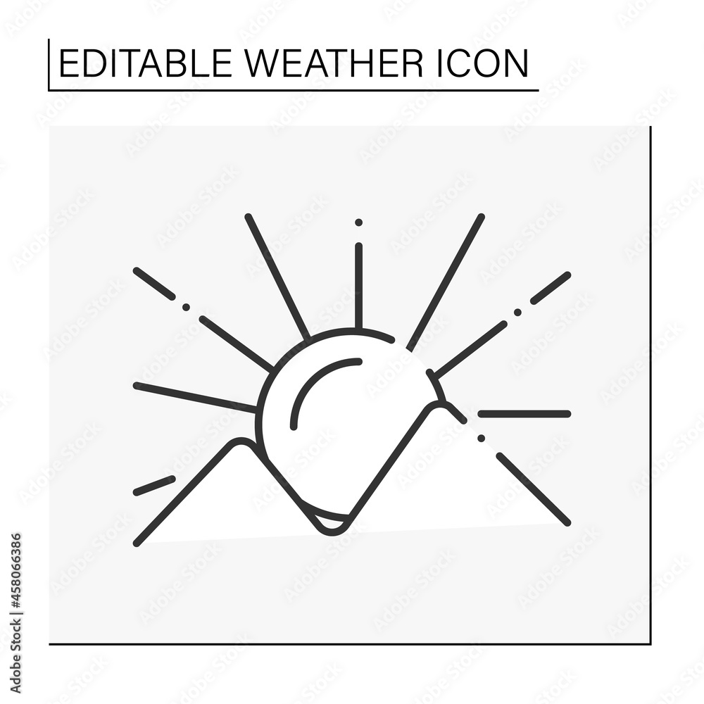 Mountain sunset line icon. Beautiful natural miracle. Landscape in mountains. Summer vibe. Weather concept. Isolated vector illustration. Editable stroke Mountain sunset line icon. Beautiful natural miracle. Landscape in mountains. Summer vibe. Weather concept. Isolated vector illustration. Editable stroke