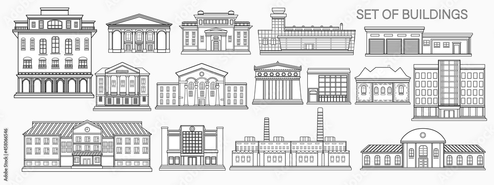 Set of city buildings on a light gray background. Building icons. Outline style.