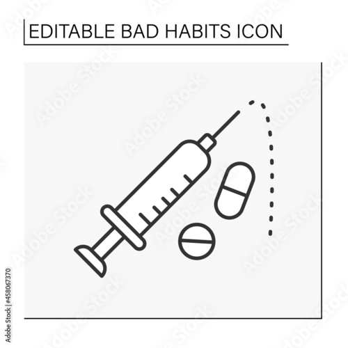Drug injections line icon. Intravenous drug abuse. Unhealthy addiction. Narcotic.Bad habits concept. Isolated vector illustration. Editable stroke