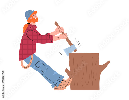 Lumberjack chopping tree trunk with axe, flat vector illustration isolated.